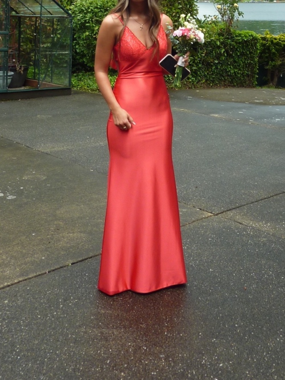Red Spaghetti-Strap Prom Dress with Lace Bodice